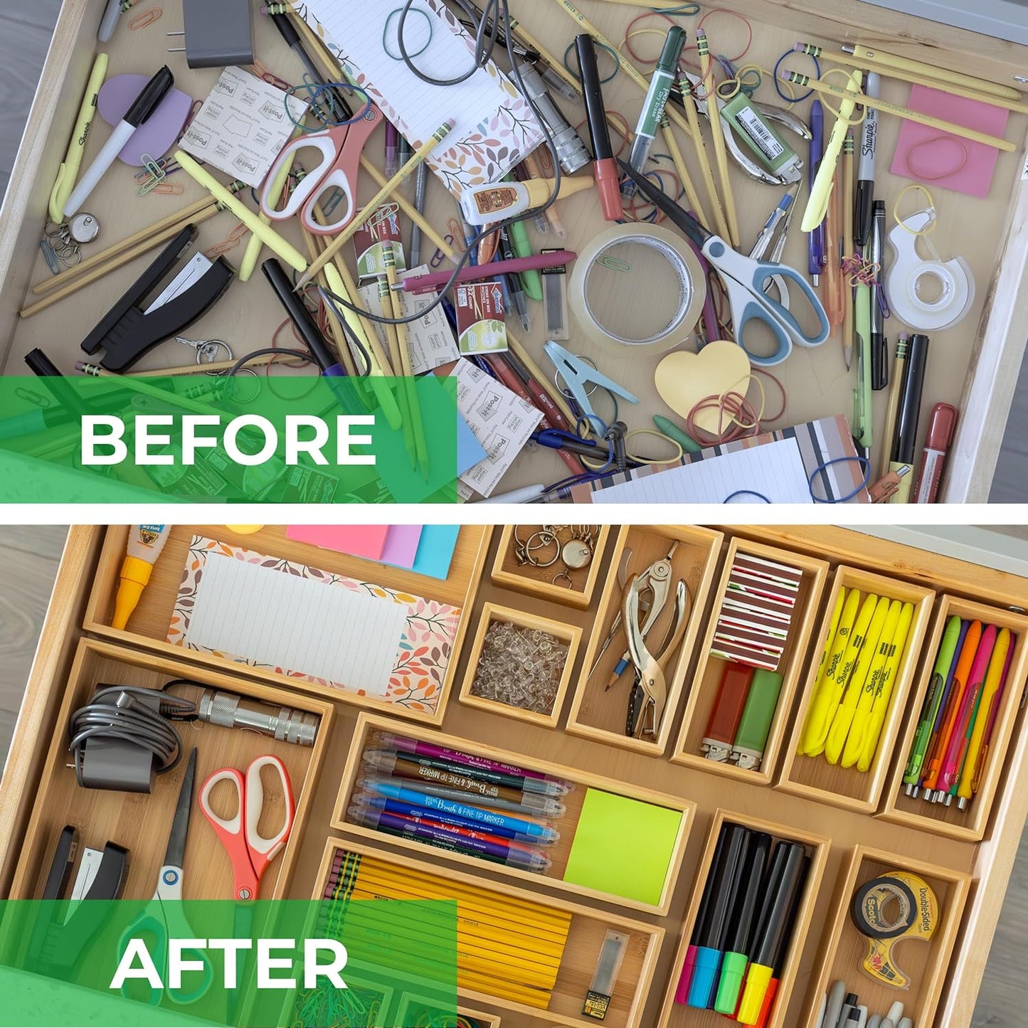 Bamboo Drawer Organizer Set – Eco-Friendly 21-Piece Bamboo Storage Trays for Kitchen, Bathroom & Office