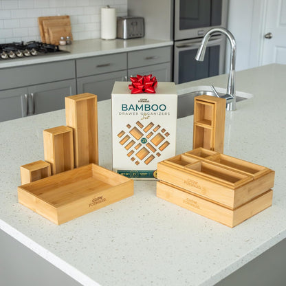 Bamboo Drawer Organizer Set – Eco-Friendly 21-Piece Bamboo Storage Trays for Kitchen, Bathroom & Office