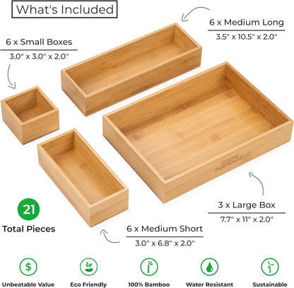 Bamboo Drawer Organizer Set – Eco-Friendly 21-Piece Bamboo Storage Trays for Kitchen, Bathroom & Office