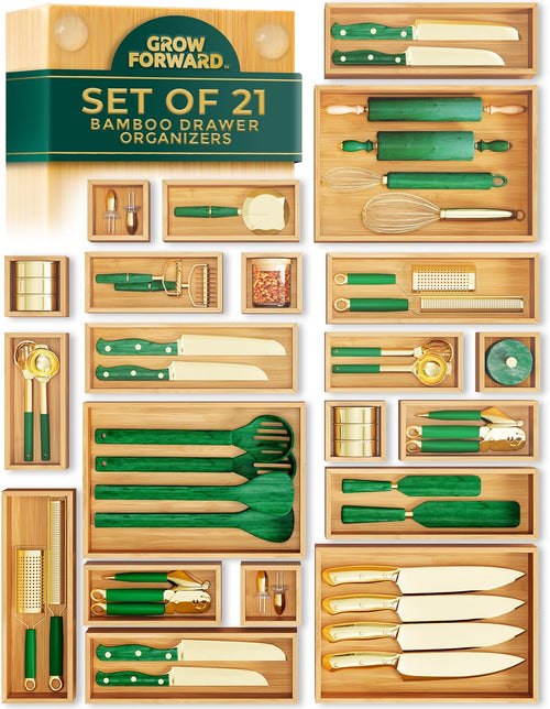Bamboo Drawer Organizer Set – Eco-Friendly 21-Piece Bamboo Storage Trays for Kitchen, Bathroom & Office