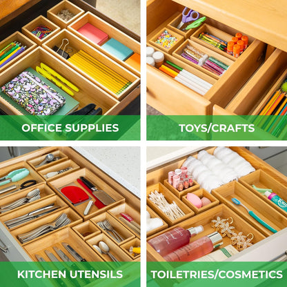 Bamboo Drawer Organizer Set – Eco-Friendly 21-Piece Bamboo Storage Trays for Kitchen, Bathroom & Office